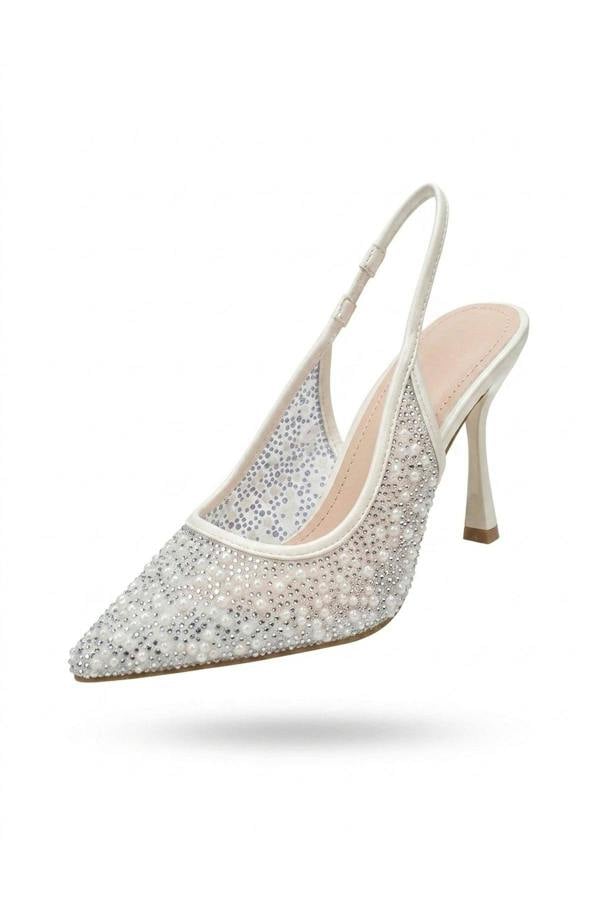 Saoirse Embellished Mesh Pointed Toe Heels - White