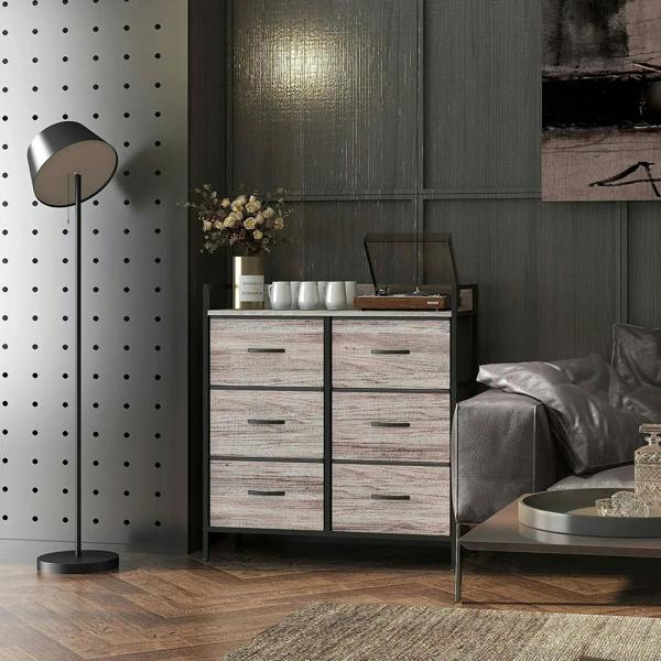 Grey wood-effect fabric drawer chest with six drawers and black handles on metal frame