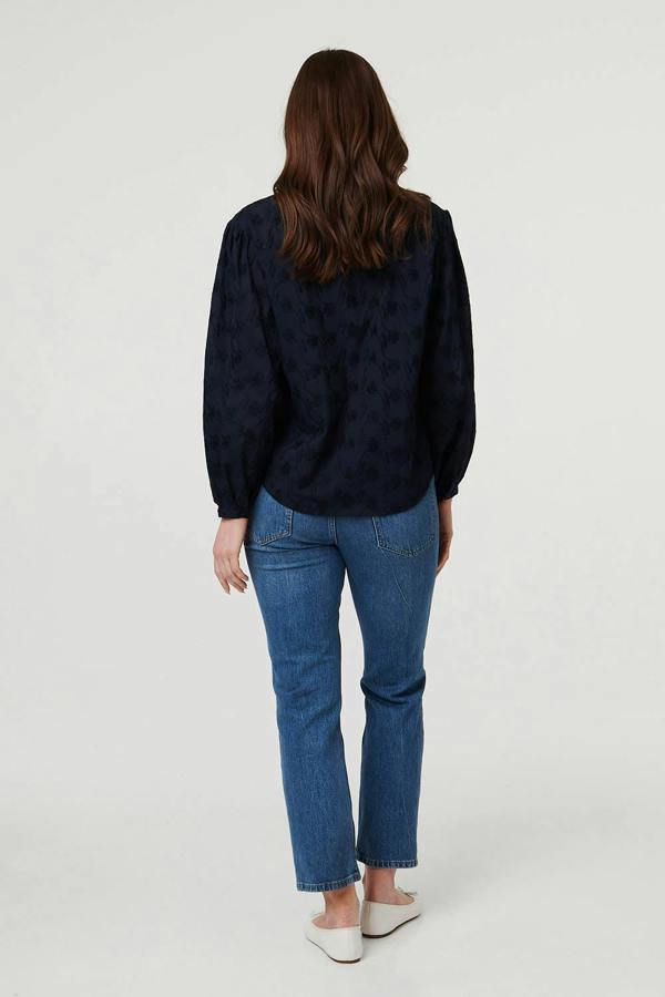 Navy | Embroidered Texture Long Sleeve Blouse