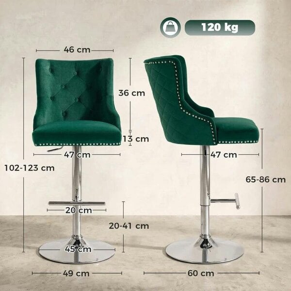 Bar Stools Set of 2, Modern Swivel & Adjustable Velvet Barstools with Button-Tufted Back, Footrest for Home Bar, Green