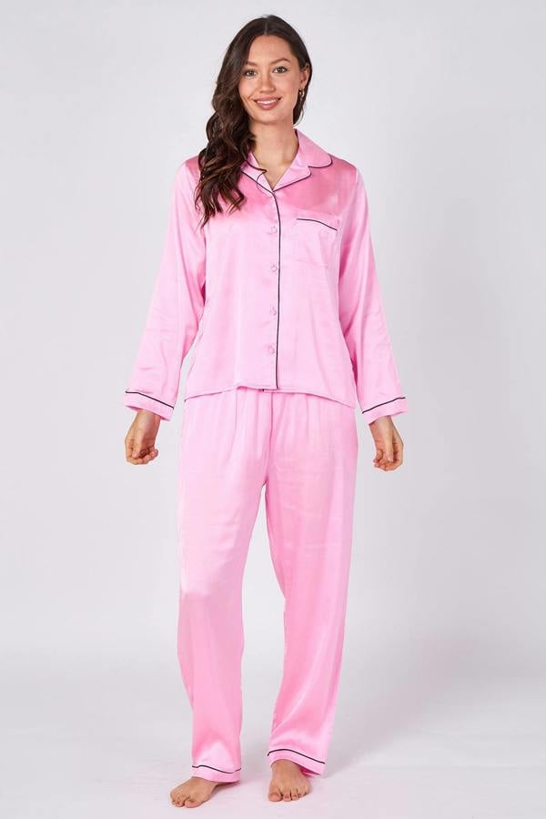 Elaina Fashion Women's Pink Satin Pyjama Sleepwear Set with pockets- Long Sleeves Soft