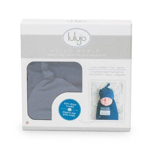Lulujo - Hello World Bamboo Hat and Swaddle Gift Set - Navy