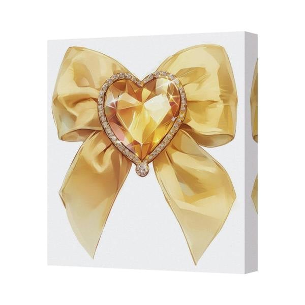 Benjamin Tate Design Gold Heart Gem Bow Canvas Art Print With Diamond Ring Accent