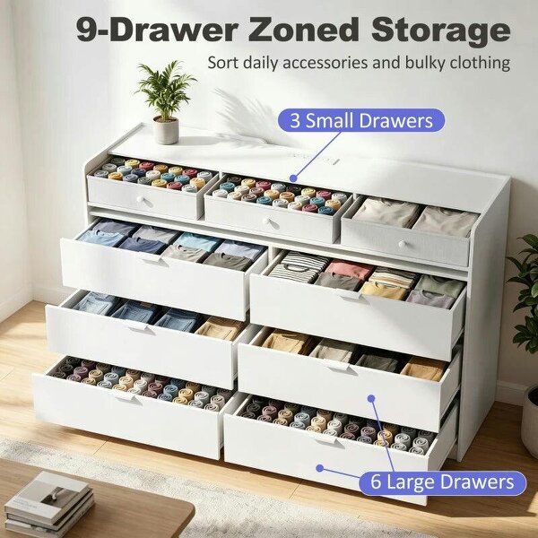 Chest of Drawers for Bedroom with LED Light & Charging Station, 9 Drawers Storage Unit/TV Stand, White