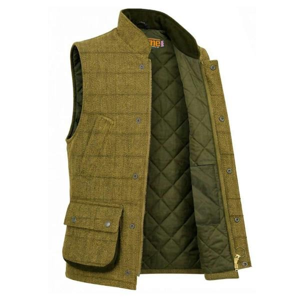 Game Ascot Men's Derby Tweed Gilet showing diamond quilted lining, storm flap and practical countrywear construction.