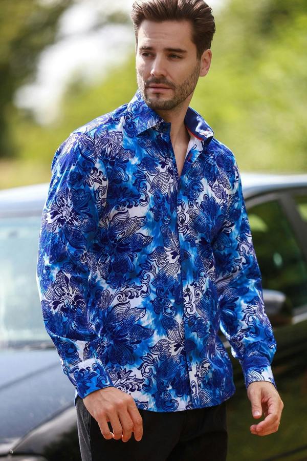 BIG FLORAL FLOCKING SHIRT WITH TIE - DYE SILHOUETTE LUXURY TEXTURED FINISH - Claudio Lugli Shirts