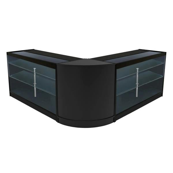 Black Helios LED shop counter set featuring a sleek, modern design with glass shelving and a curved front for stylish display