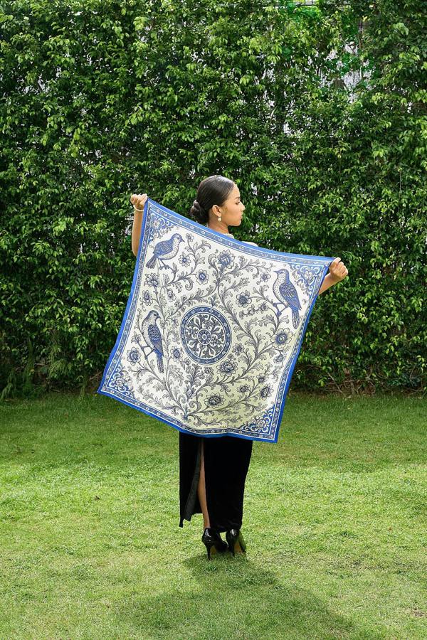 Blue Chinoiserie Birds Twill Silk Scarf – Printed Mulberry Silk, Hand-Rolled Hem