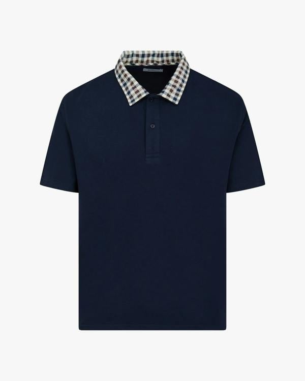 Aquascutum Mens Club Check Collar Polo Shirt - Navy 11