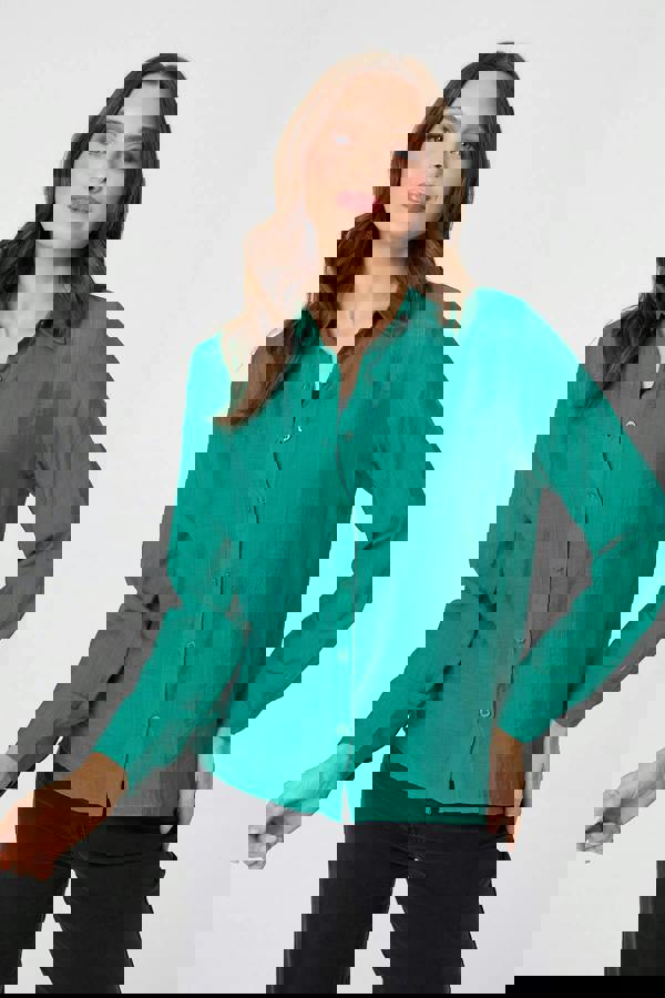 Green | Long Sleeve Button Front Shirt : Model is 5'9"/175 cm and wears UK8/EU36/US4/AUS8