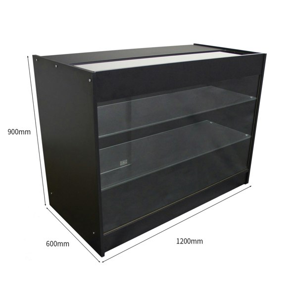 K1200 Retail Product Display Cabinet in sleek black, featuring three glass shelves and a modern design, ideal for showcasing merchandise
