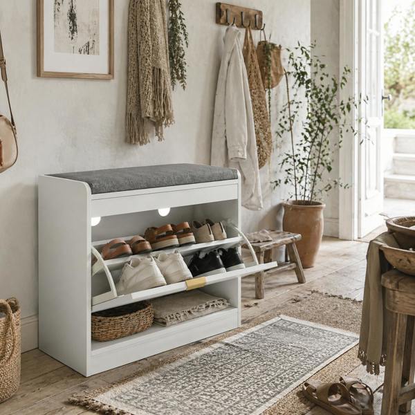 Wyld Haus Baniri White Wood and Grey Upholstered Entryway Shoe Bench With Flip Drawer