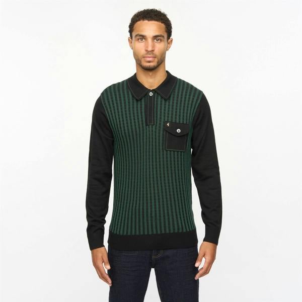 Gabicci V55GM10 Mens Hansen Long Sleeve Knitted Three Button Polo Gabicci Vintage - BLACK