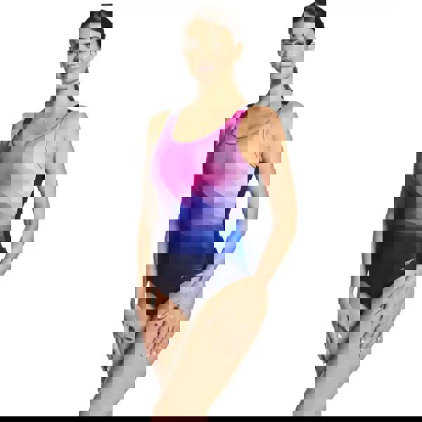 Zoggs Zephyr Scoopback Swimsuit in blue multi gradient design