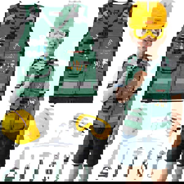 deAO Construction Role Play Costume Set - Builder Vest, Safety Helmet, Toy Tools & Accessories for Kids