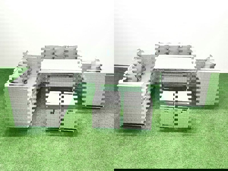 Fimous 6 Pieces Outdoor Rattan Sofa Set with Cushions Patio Garden Furniture Sets with Armchair Dining Table 2 Small Footstools