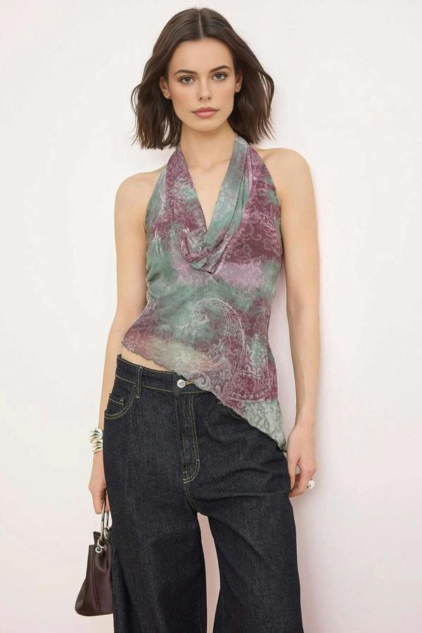 WOVCOR V-Neck Asymmetrical Cut Tulle Party Blouse