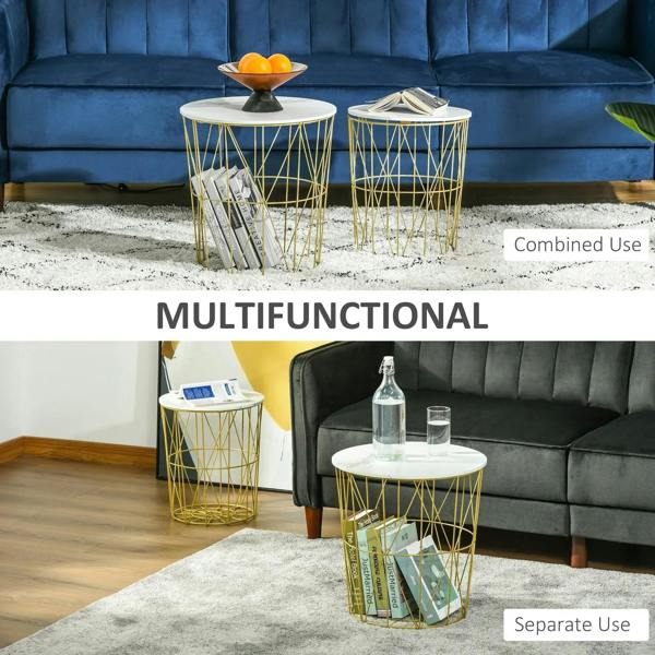 Set of 2 round nesting side tables with white tops and gold wire frames for open storage