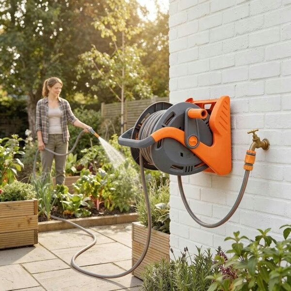 Bobobiy Portable Garden Hose Reel, 20+2 m Wall Mounted Hose Reel with 2 Patterns Spray Nozzle and Crank Handle, Orange - Orange