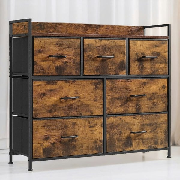 Rafaelo Mobilia Industrial Rustic Brown Chest With 7 Fabric Drawers