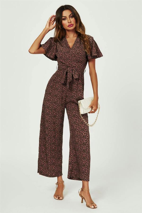 FS Collection Leopard Print Wrap Top Jumpsuit In Rusty