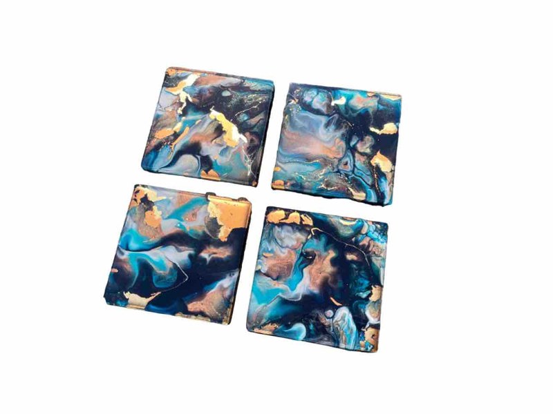 Kate Chesters Art Blue Bronze Gold Abstract Art Set of 4 Drinks Coasters