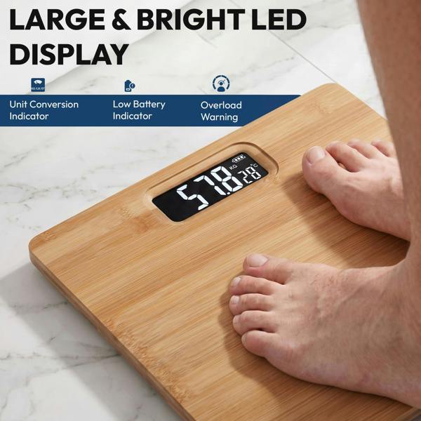 Purefit Digital Bathroom Scale for Measuring Body Weight - Bamboo Ultra Slim, Smart Scale with LED Display-Battery Included LB/KG/ST Max Weight 180KG