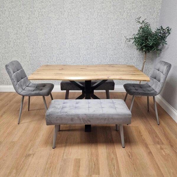 Kosy Koala Dining Table Set with 2 Grey Velvet Chairs and 2 Grey Benches Dining Room Furniture Set