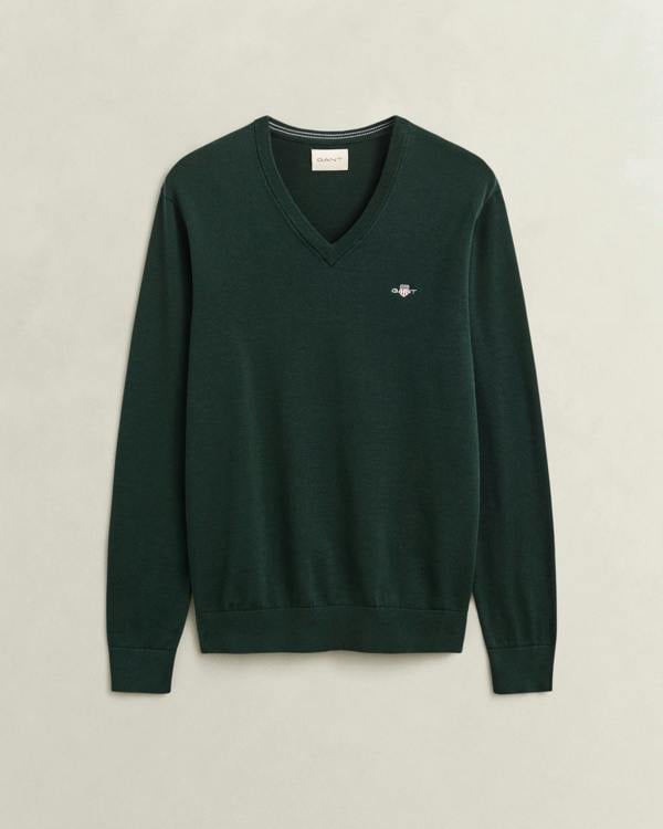 GANT Mens Classic Cotton Shield Logo V - Neck Jumper - 374 Tartan Green | CHO | Designer Mens V - Neck Jumpers