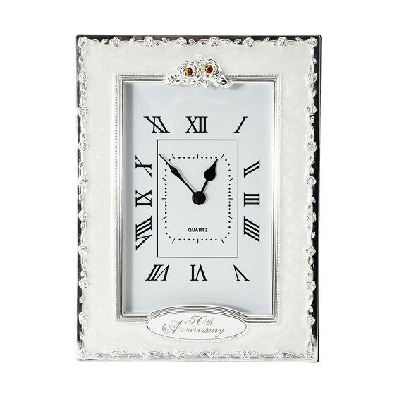 Happy Homewares 50th Anniversary Clock with Silver Plated Roses and Gold Diamantes