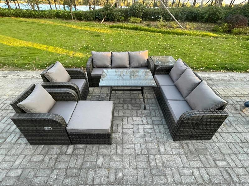 Fimous 9 Seater Rattan Outdoor Set, Garden, Patio Table and Chairs, 3 Seater Sofa, Dining Table, Big Footstool and Side Table, Dark Grey Mixed