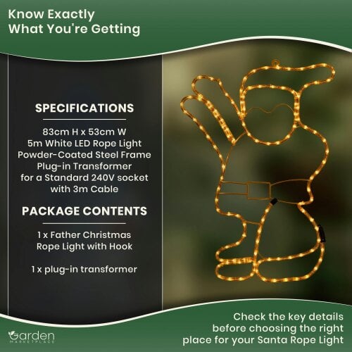 White Santa LED Rope Light Christmas Decoration, 83cm Wall Hanging