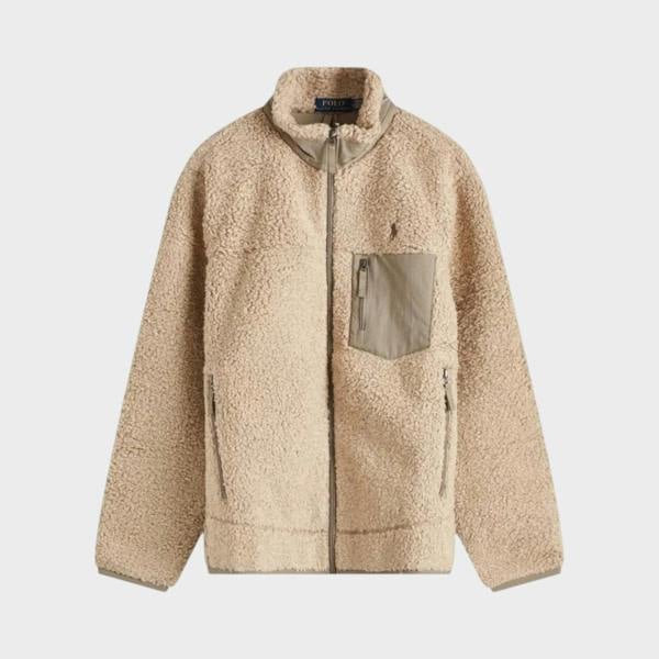 Supplied Fashion beige heather fleece zip jacket with a chest pocket and high collar for warmth.