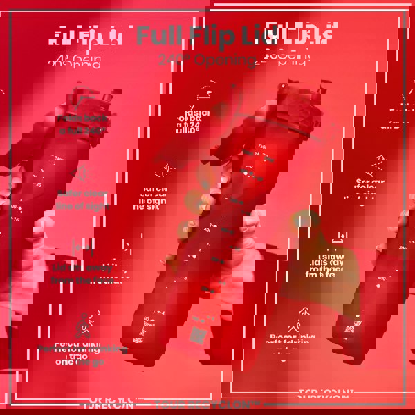 A red water bottle with a 240° opening flip lid is being held. The bottle has volume markings and a QR code. The background is also red.