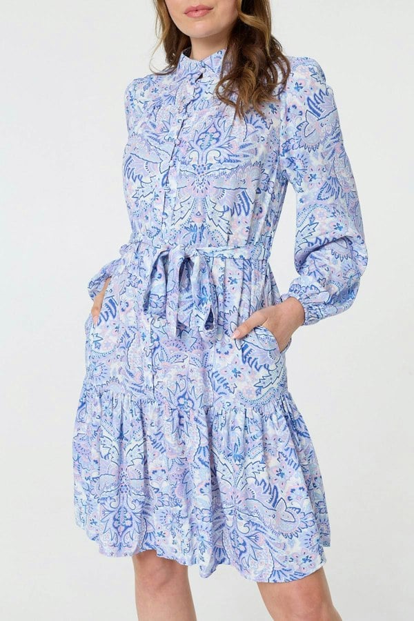 Blue | Printed High Neck Short Shirt Dress

