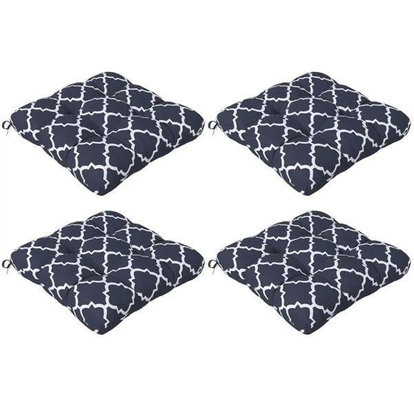 4-piece outdoor seat cushion pillows set, navy blue with white trellis pattern, tie loops