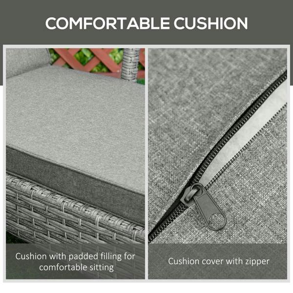 Grey lounge cushion with zipper edge and stitched fabric surface on rattan seat