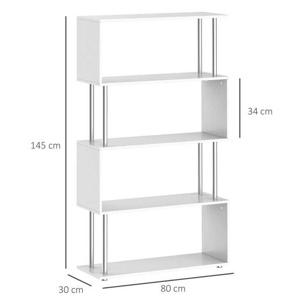 White S-shaped 5-tier shelving unit with open compartments and metal support frame