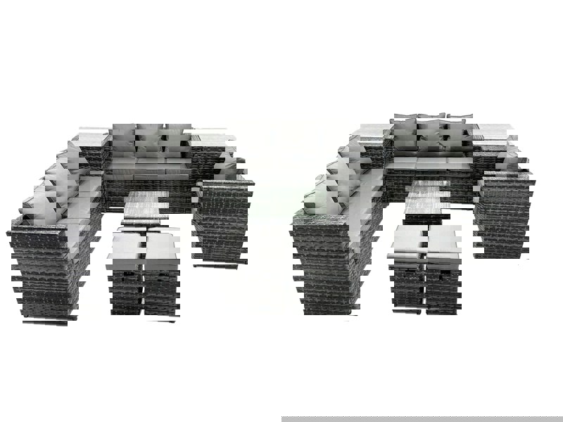 Fimous Rattan Garden Furniture Dining Set 9 seater Patio Coffee Table Sofa Set with 2 Side Tables 2 Small Stools Dark Grey Mixed