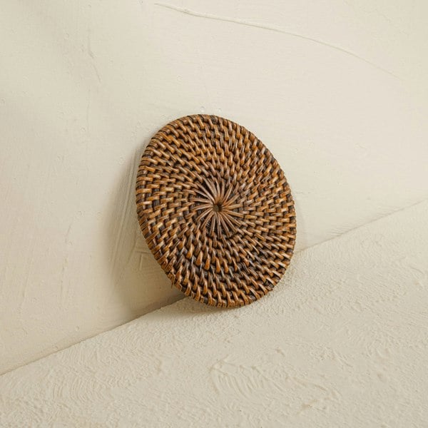Round dark brown rattan coaster handwoven wicker drinks table protector