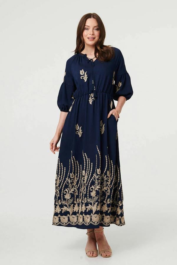Navy | Floral Embroidered 3/4 Sleeve Maxi Dress