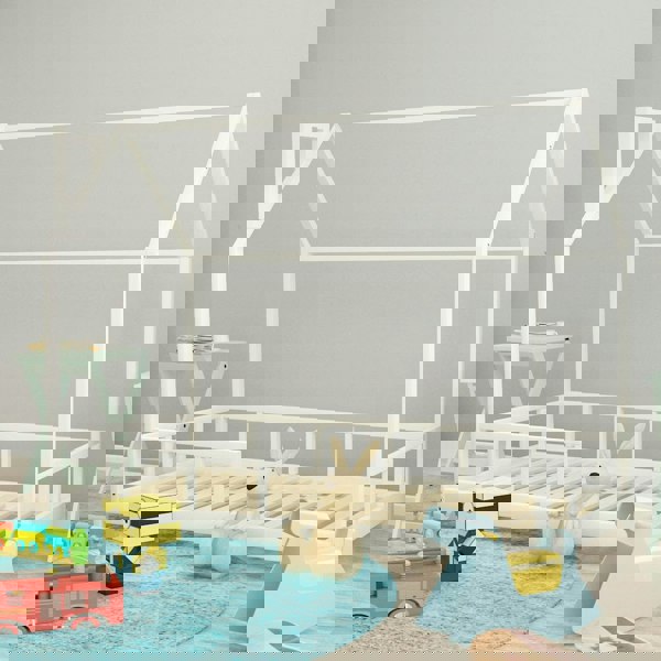 House Shape Bed Frame Pine Wood Toddler Bed with Safety Guard Fence Bed Frames Living and Home