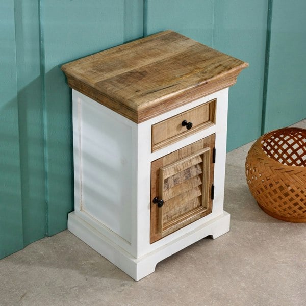 IH Design Milano Solid Mango Wood White Bedside Cabinet with 1 Darwer & 1 Door