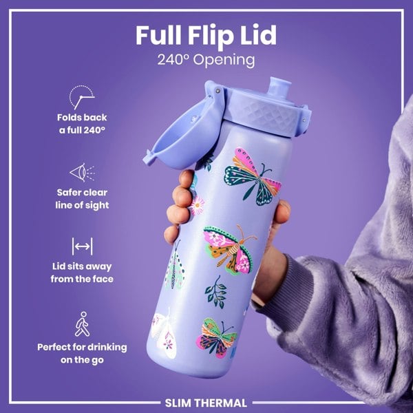 A purple, butterfly-patterned water bottle is held; its lid flips open 240 degrees. The bottle is slim and thermal; the design is marketed as ideal for on-the-go consumption.