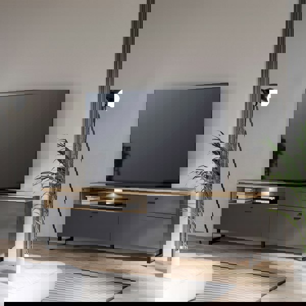 Furniture To Go Klara TV Unit with 1 Drawer 2 Flip Doors in Grey and Oak inc LED Lighting