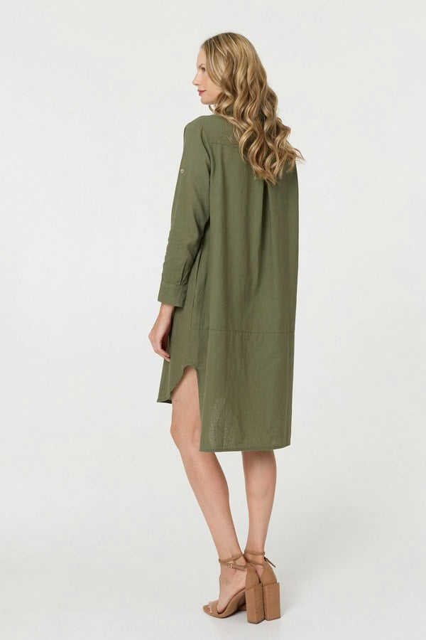 Khaki | Long Sleeve Split Hem Maxi Shirt Dress
