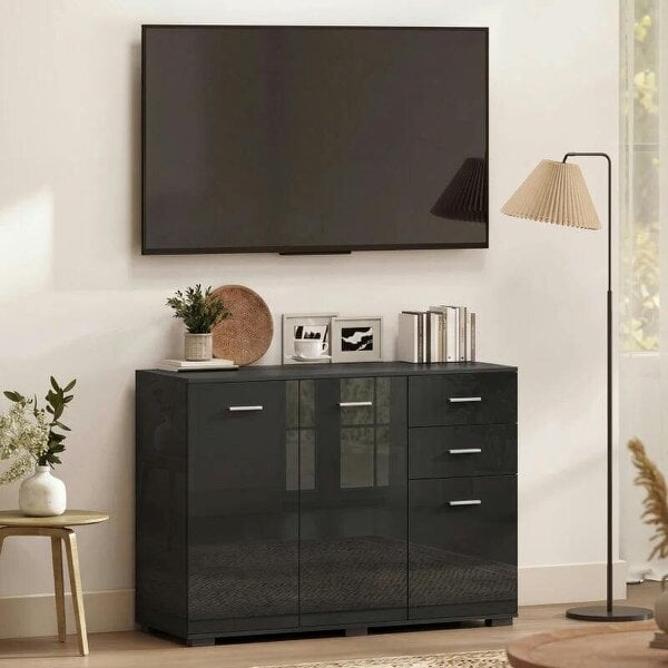 Sideboard, Modern Storage Cabinet with 2 Drawers, 3 Doors and Adjustable Shelves, High Gloss Black