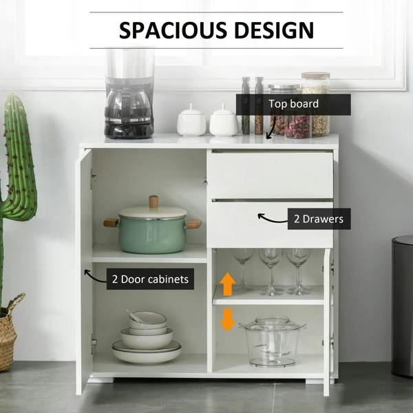 White sideboard cabinet open view showing two door compartments and two drawers