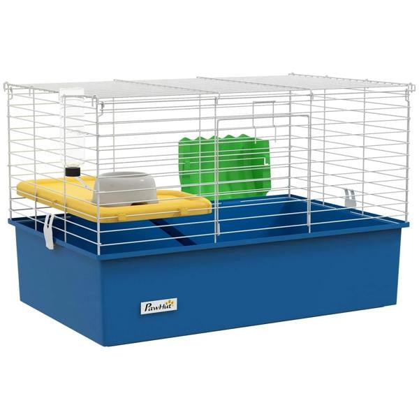 Blue wire small animal cage with platform, ramp, and enclosed playhouse
