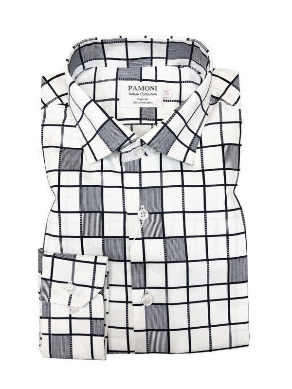 White Grey Pattern Check Slim Fit Shirt - Pamoni